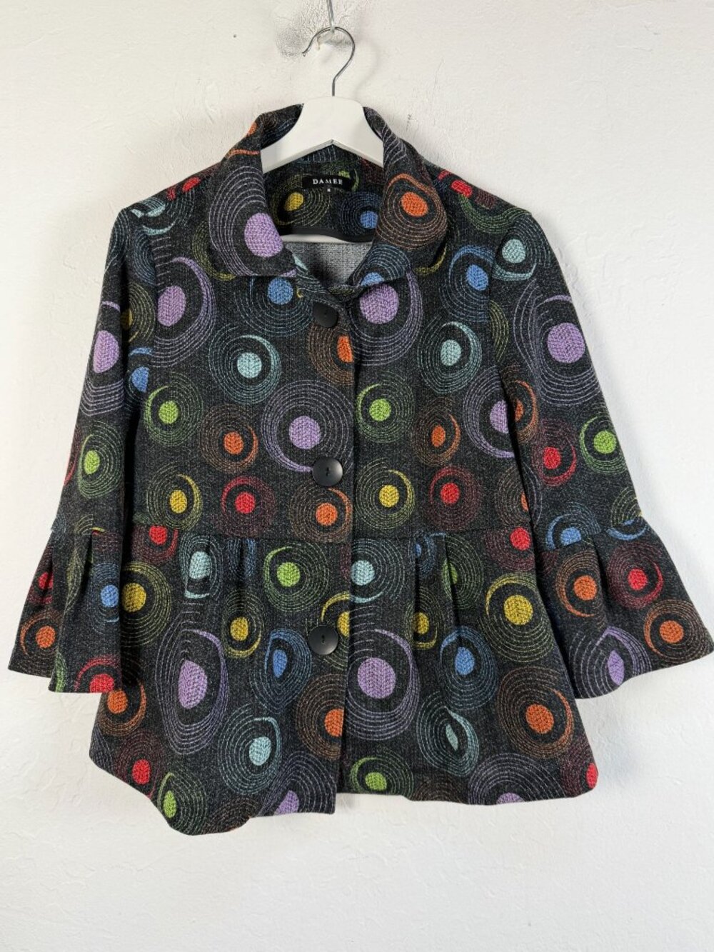 Damee Rainbow Dot Jacquard Peplum Jacket Swirl Button Front Blazer Small Artsy